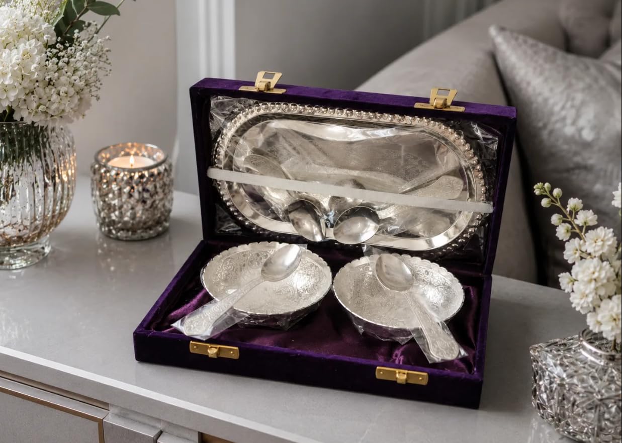 German Silver Gift Set with Oval Tray, 2 Bowls & 2 Spoons | Premium Silver Plated Serving Set with Gift Box | Dry Fruit Bowl Set for Wedding, Diwali, Housewarming & Corporate Gifting-image-49