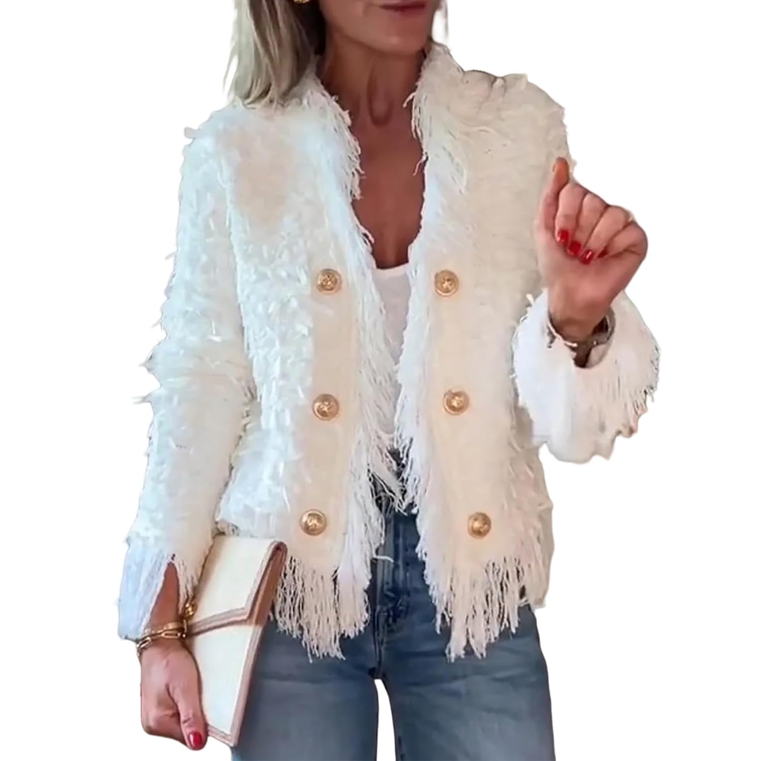 Womens Tweed Jackets Dressy Casual Tassel Jackets Long Sleeve Double Breasted Open Front Blazer Jacket Work Office Coat
