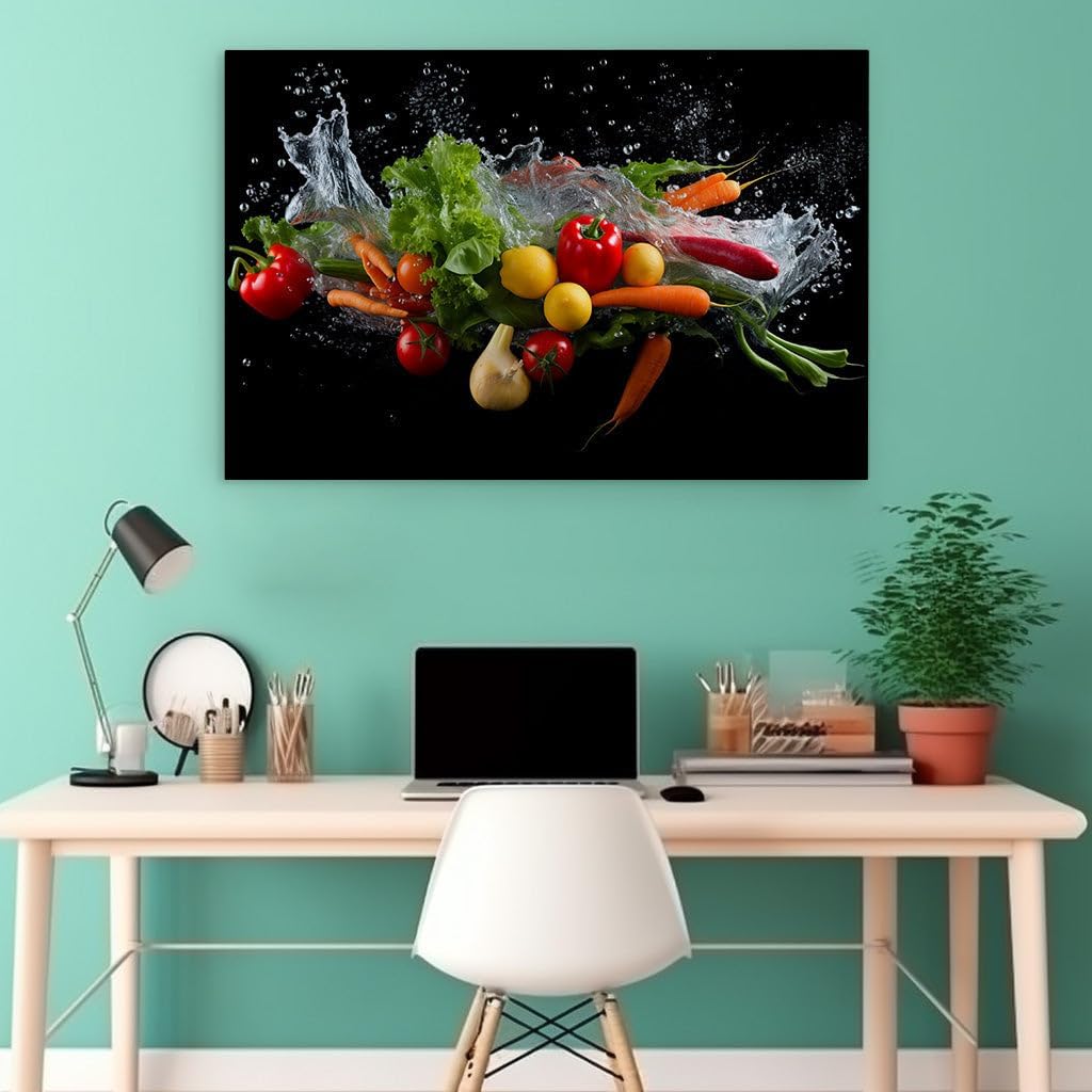 Canvas for Living room. Freshness Unleashed Vibrant Vegetables Dive into a Splash of Purity, 27 x 18 inch Canvas Wall Art - Contemporary Masterpieces - Modern Home Decor