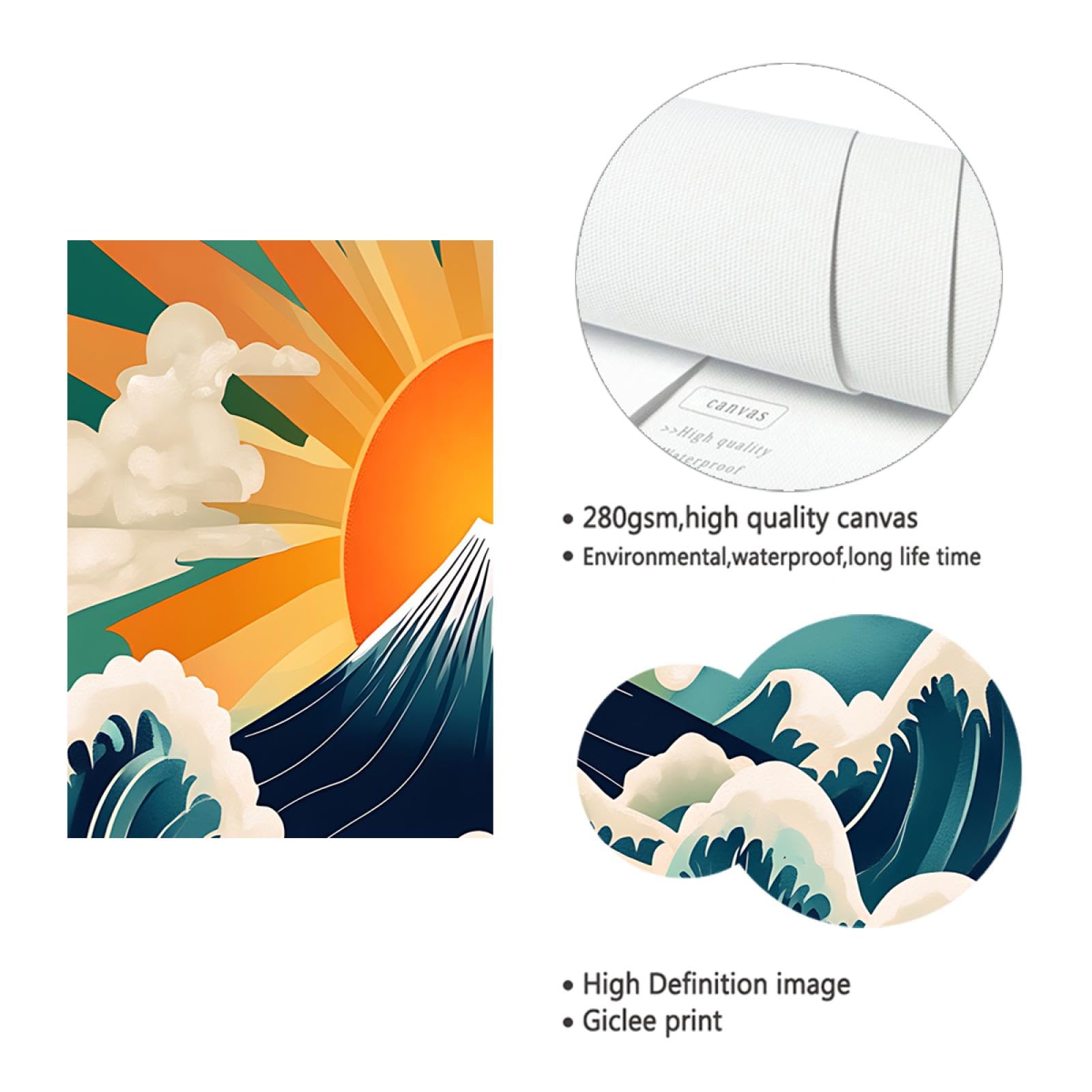TOANGWALL Minimalistyczny styl duży plakat na płótnie wydruk japoński Ukiyoe Kanagawa fale góra Fuji słońce obraz obraz sztuka ścienna do akademika dekoracja 60 x 105 cm bez ramy