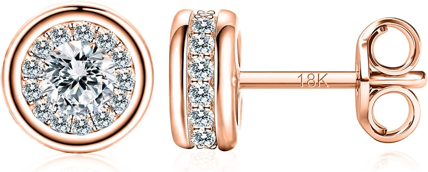 18K Gold Stud Earrings for Women, 18K Rose Gold Stud Earrings with Cubic Zirconia Diamonds, Jewelry Gift for Mom, Wife, Daughter, Friend on Birthday, Anniversary, Valentine's Day, Mother's Day
