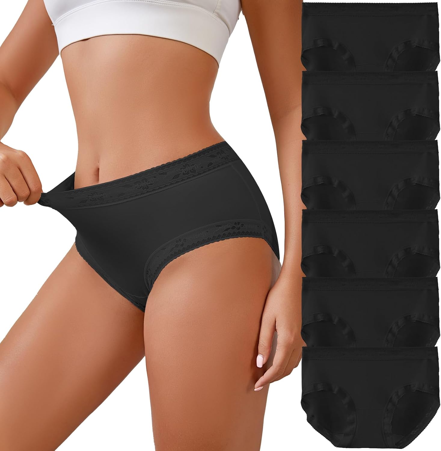 Womens Underwear Seamless Mid Rise Waisted Panties Full Coverage Sexy Lace Briefs Stretch Bikini 6 Pack