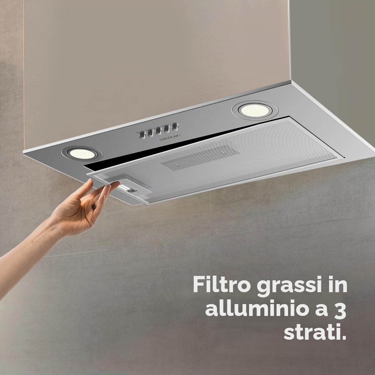 Cecotec Cappa Aspirante 52 cm Integrata Flux IM 523500 Inox B. Potenza Di Aspirazione 350M3/H, Motore 70W, Controllo Meccanico, 3 Livelli Di Potenza, Luce E Filtro Al Carbonio, Inox