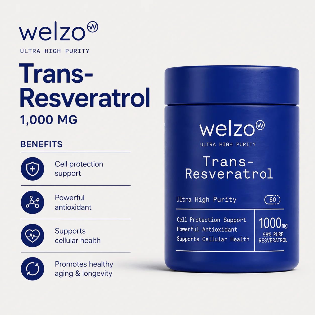 Welzo Ultra-Hochreines Trans-Resveratrol 1000mg Kapseln | 98% Standardisierter Japanischer Staudenknöterich-Extrakt | Vegetarische Kapseln | 60 Stück