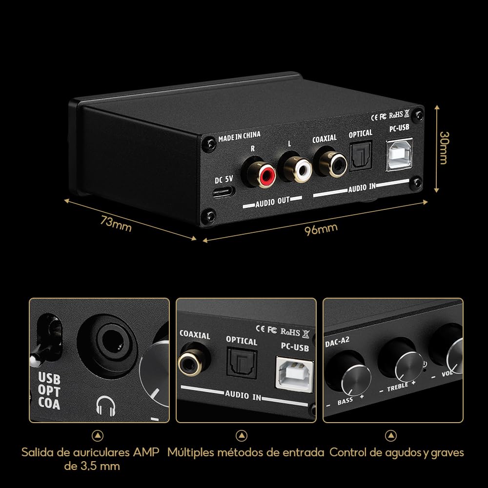 AIYIMA DAC A2 Amplificador de auriculares DAC Convertidor DAC estéreo de digital a analógico para PS5/PC/MAC Juego de sobremesa DAC Amp PC-USB/Coaxial/Optico a 3.5mm AUX RCA Salida de auriculares