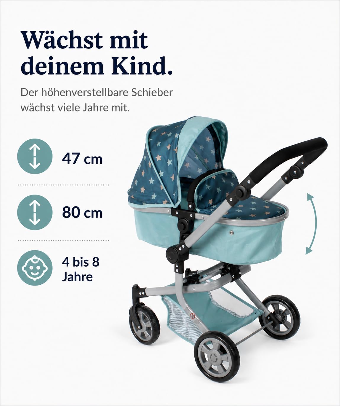 Bayer Chic 2000® 2in1 Puppenwagen Mika – Sternchen türkis – faltbar – höhenverstellbarer Griff 47-80 cm – modernes Gestell – Puppen bis 52 cm – 4-8 J, Flowers | Mit Schwenkschieber, umsetzbarem Aufsatz und schwenkbaren Vorderrädern – für Puppen bis 52 cm