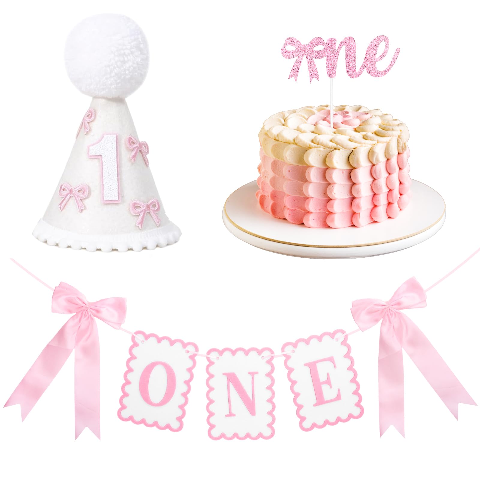 FYSUIMU Pink Bow Birthday Highchair Decoration Set One Bowknot Highchair Banner Felt Hat and Cake Topper for First Birthday Baby Shower Party Photo
