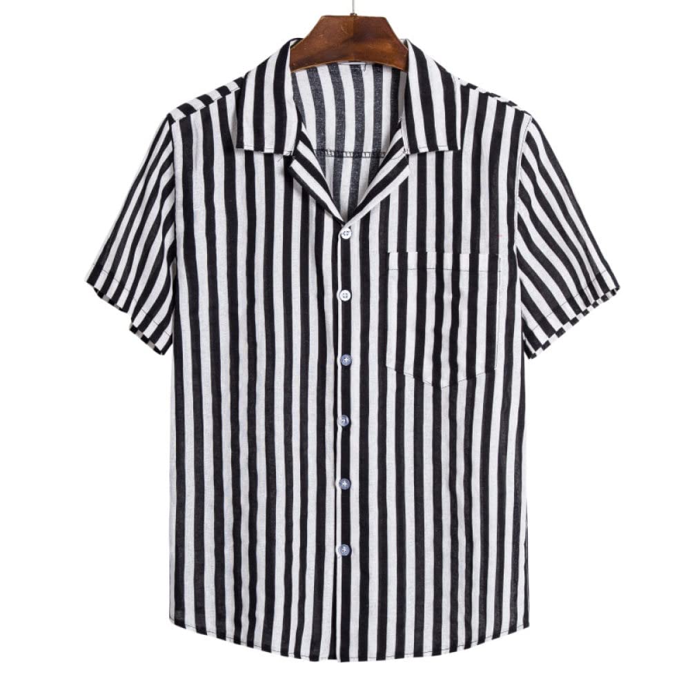 Camisa Hawaiana Hombre, Camisa Hawaiana para Hombre Y Pantalones Cortos De Playa Hawaianos Conjunto De Rayas De Lino De Algodón Negro Trajes De Hawaii Camisa De Playa De Manga Corta Casual Y Pantal