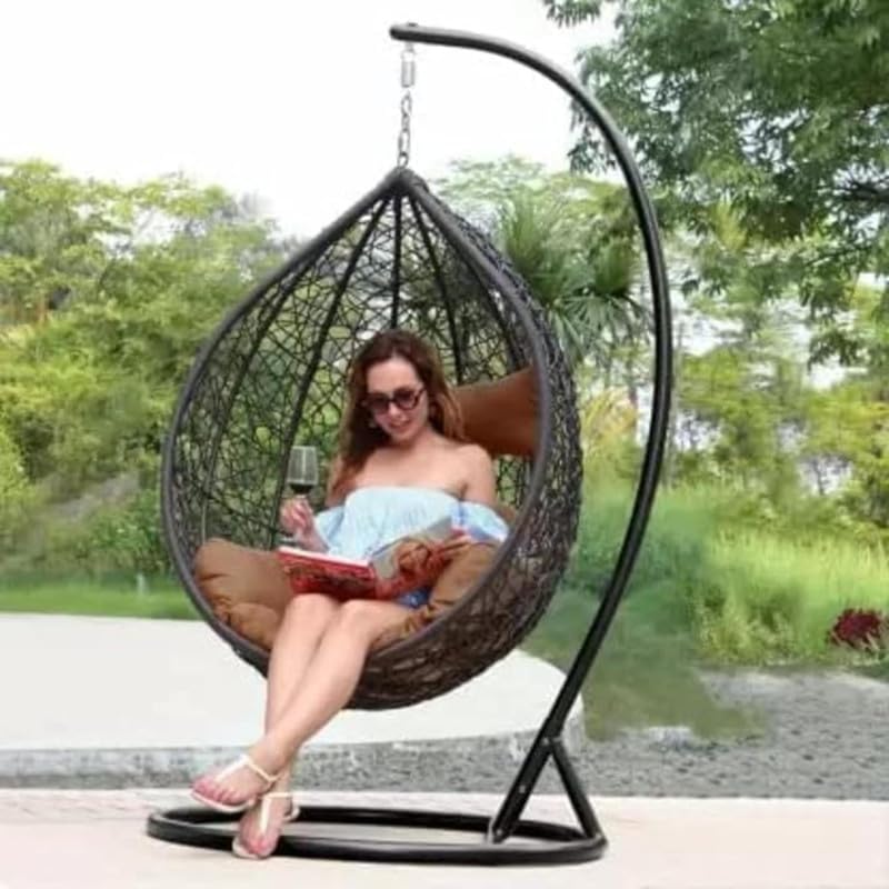 Image of HUMAIRA OUTDOOR FURNITURE Single Seater Swing Chair with Stand & Cushion Outdoor Indoor Balcony Garden Patio,Powder Coated Frame,UV Protected Wicker (Black+Dark Brown)