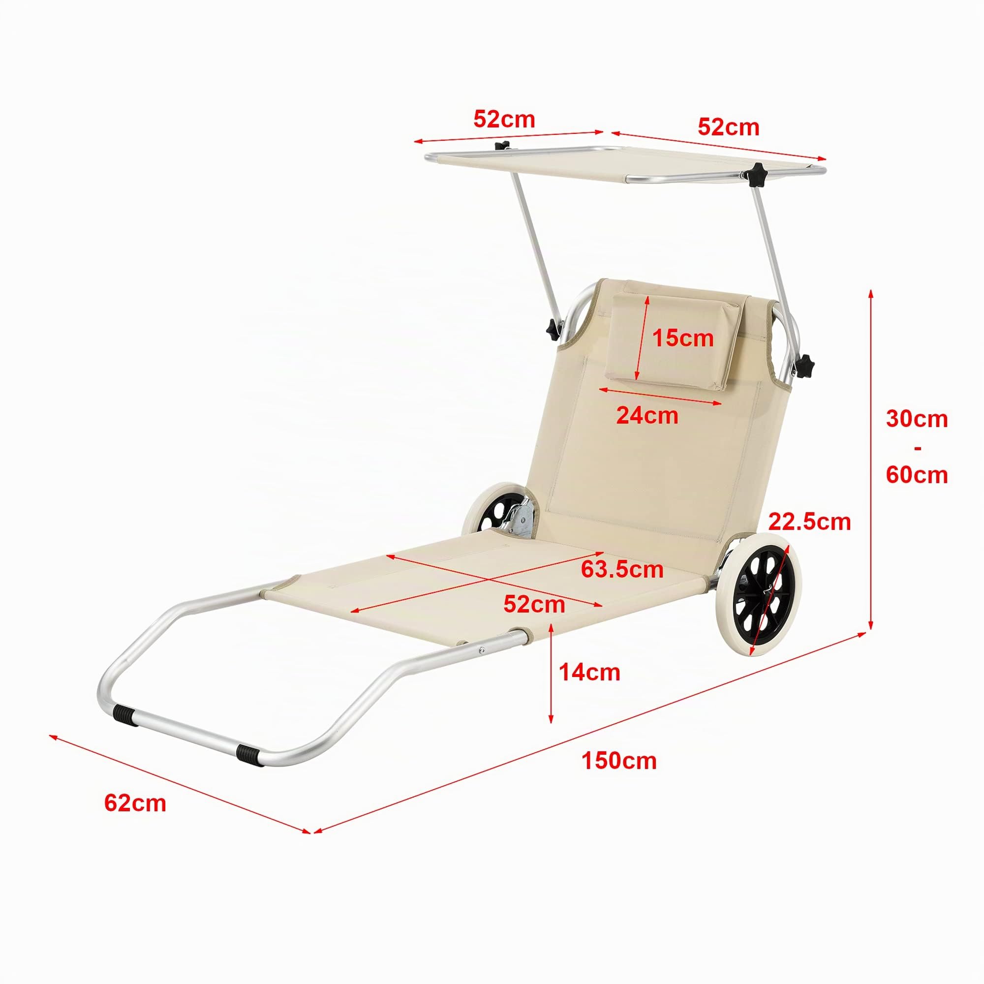 [en.casa] Lettino Prendisole a 2 Ruote e Schienale Regolabile Sdraio Pieghevole da Spiaggia Giardino con Tettuccio Parasole Cuscino Poggiatesta e Rete Portaoggetti - Beige
