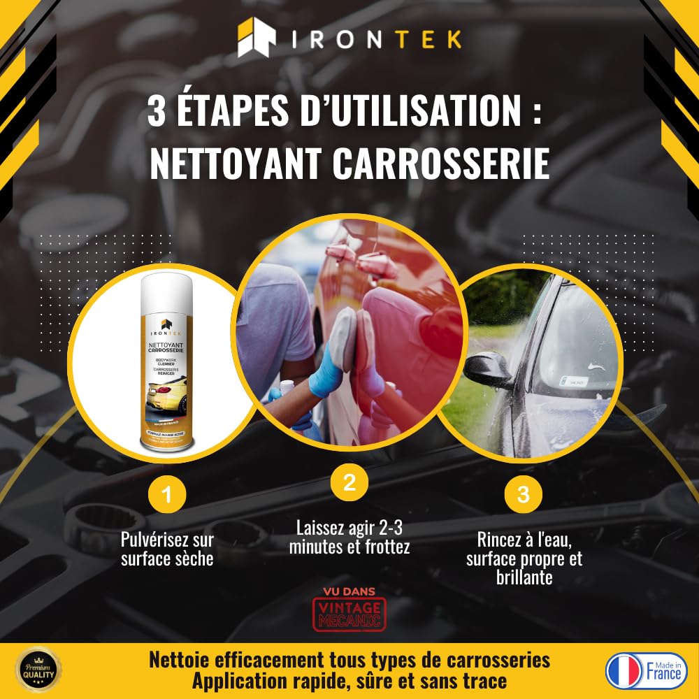 Nettoyant Carrosserie 500ml - IRONTEK | IT231 | Goudron Graisse Pollution Platane | Aérosol Dégraissant | Solvants Naturels | Aucune Trace