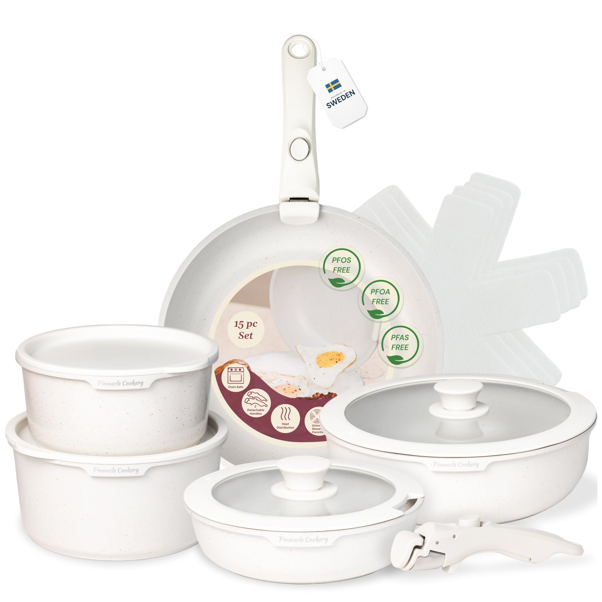 Pinnacle Cookery 15-Piece White Granite Nonstick Cookware Set – Detachable Handles & Tempered Glass Lids – Stackable & Cool-Touch - Induction & Oven Safe to 480°F - Scratch-Resistant, PFOA & PFOS-Free