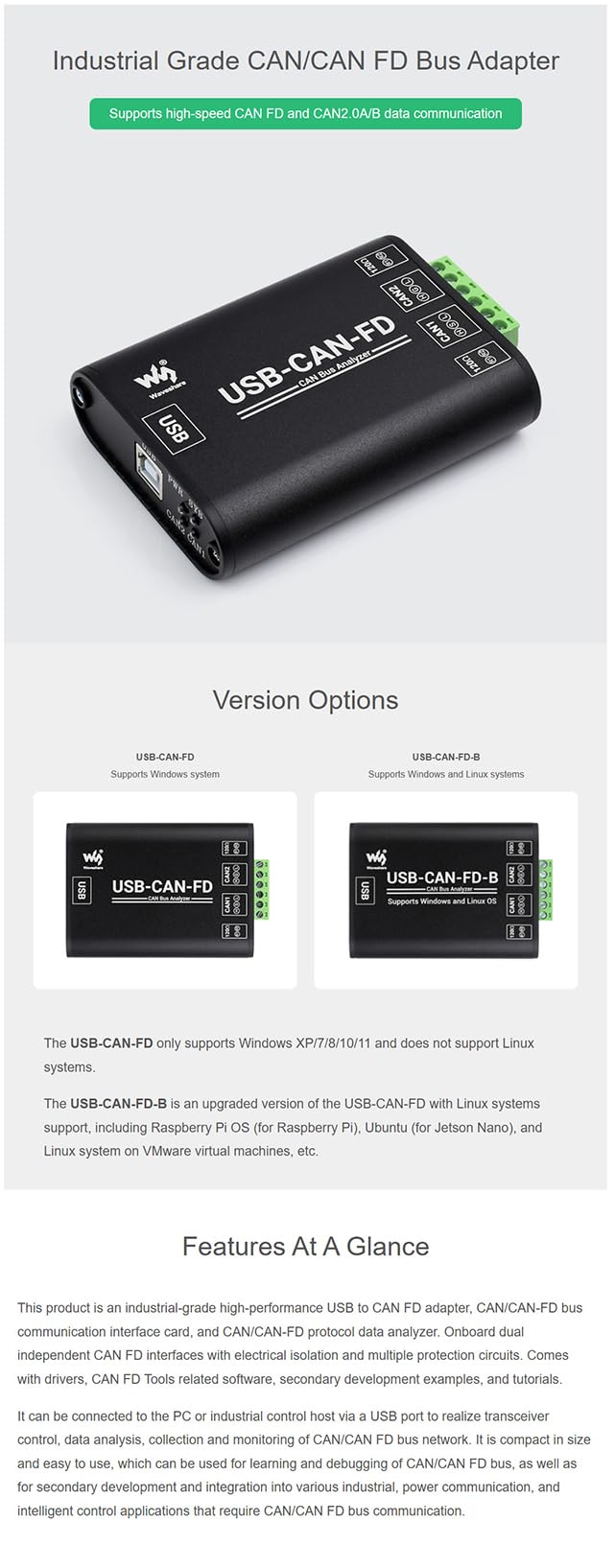 Adaptador industrial USB a CAN FD – High Performance CAN/CAN FD Bus Data Analyzer Dual CAN Interfaces USB to CAN FD Communication Interfaces, Protocol Analyzer for Windows XP/7/8/10/11