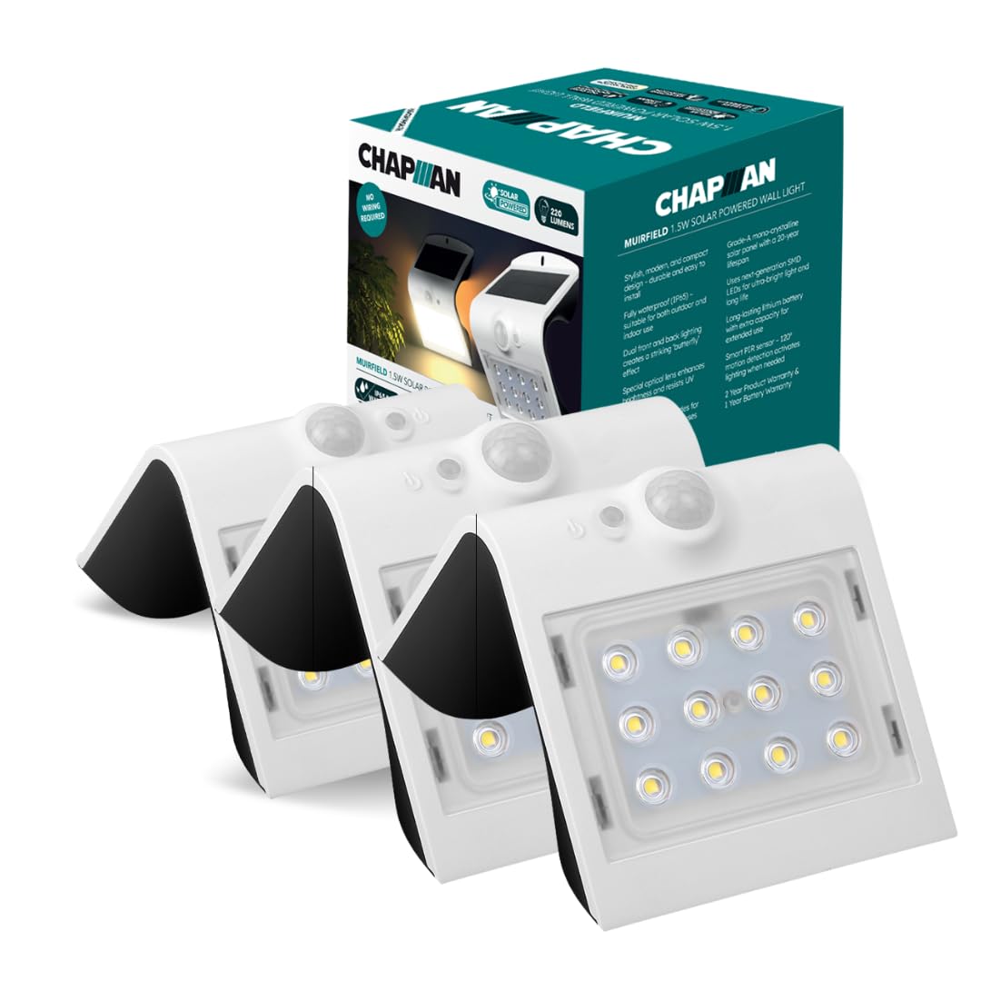 Chapman Muirfield 1.5W PIR LED Solar Security Light, IP65 Waterproof Garden Wall Lights with Motion Sensor, 4000K Neutral White Solar Lights for Garden, Outside Lights & Security (3 Pack - White)