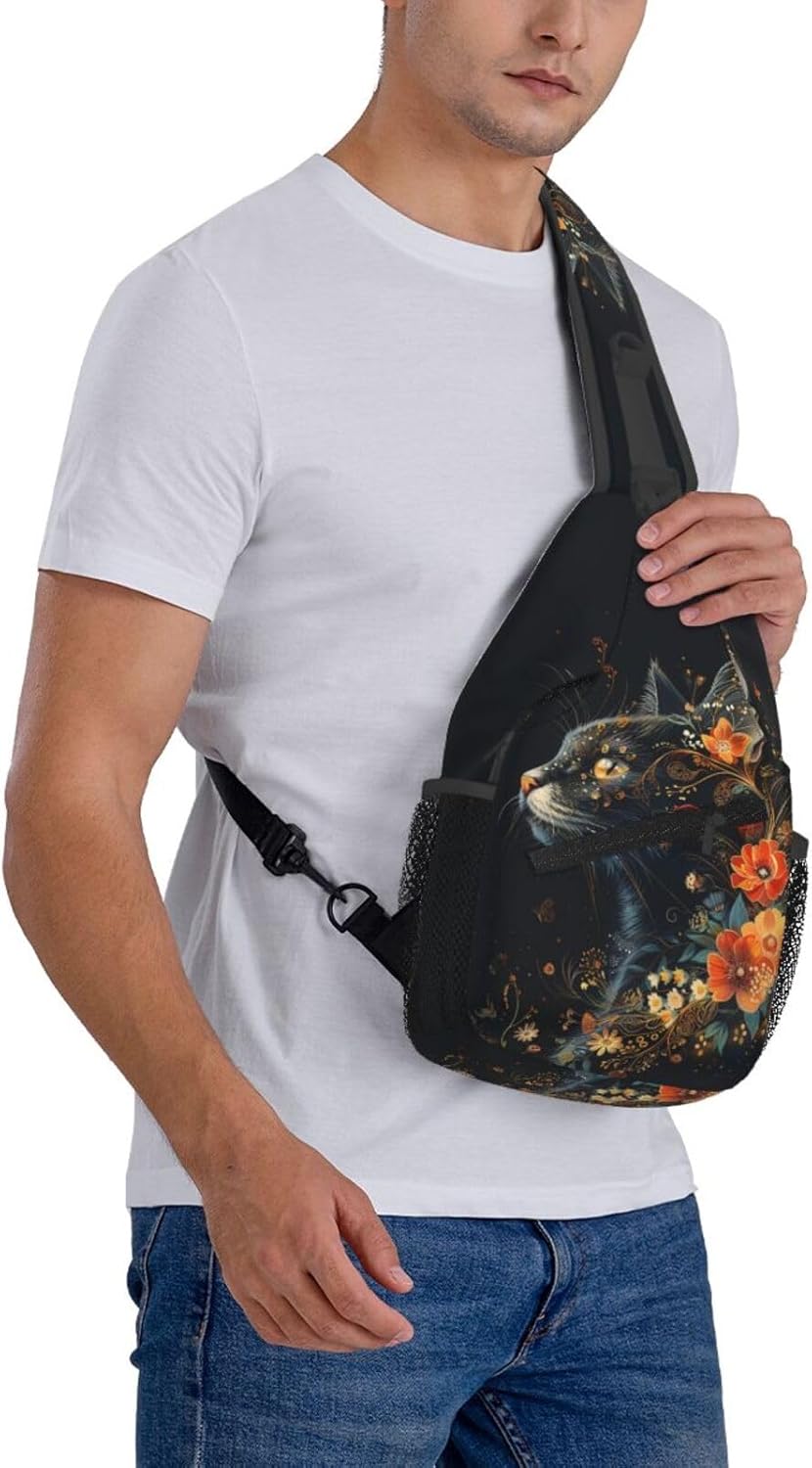 Black Cat Sling Bag For Women Men Halloween Backpack Crossbody Cat with Flower Shoulder Bag Sling Backpack Chest Bag Travel Hiking Casual Sport Daypack - Image 8