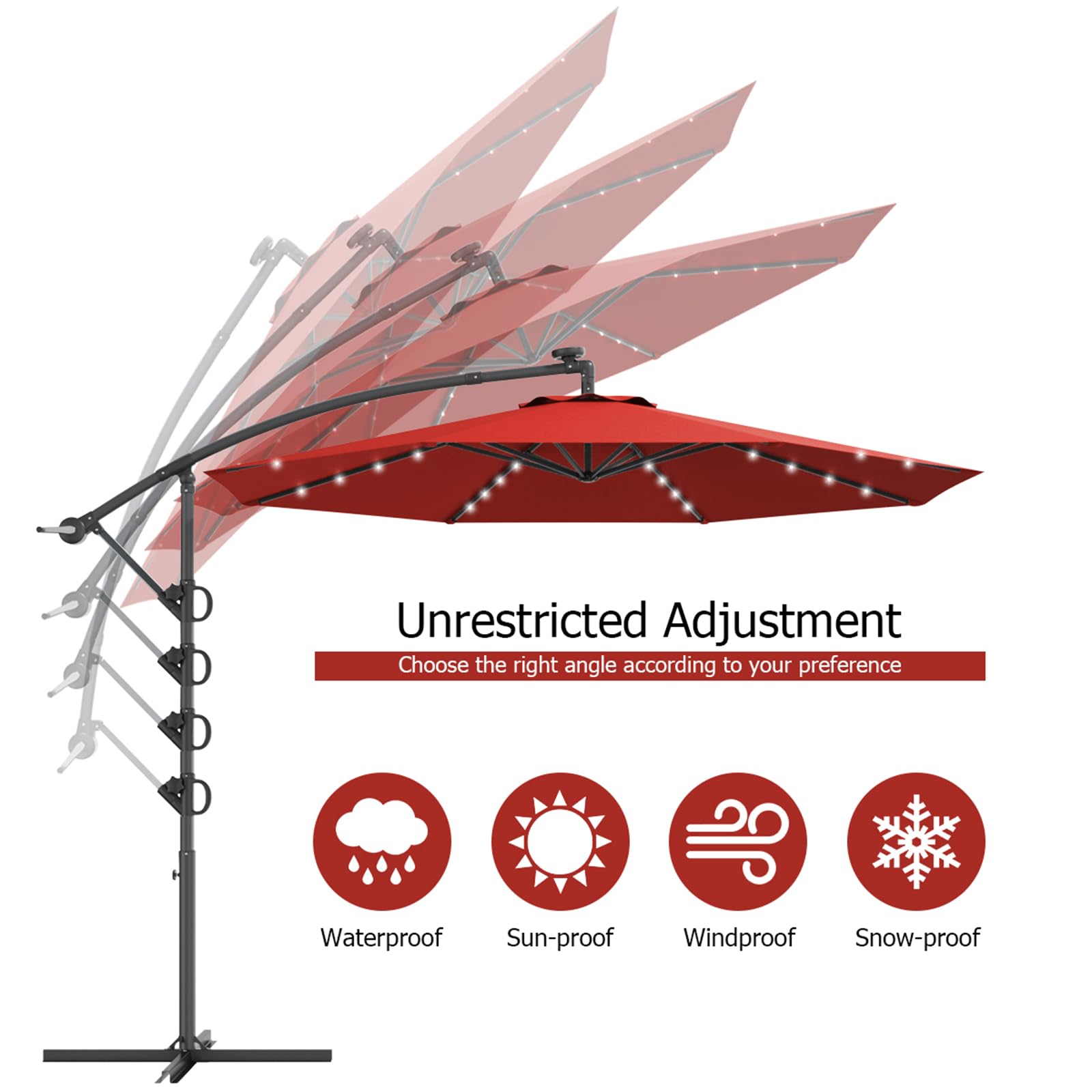 KOMFOTTEU Parasol przeciwsłoneczny LED, parasol ogrodowy z korbą ręczną, parasol tarasowy ze stojakiem, obracany o 360°, składany, pochylony, 300 cm x 230 cm, do ogrodu, na taras, basen, czerwony