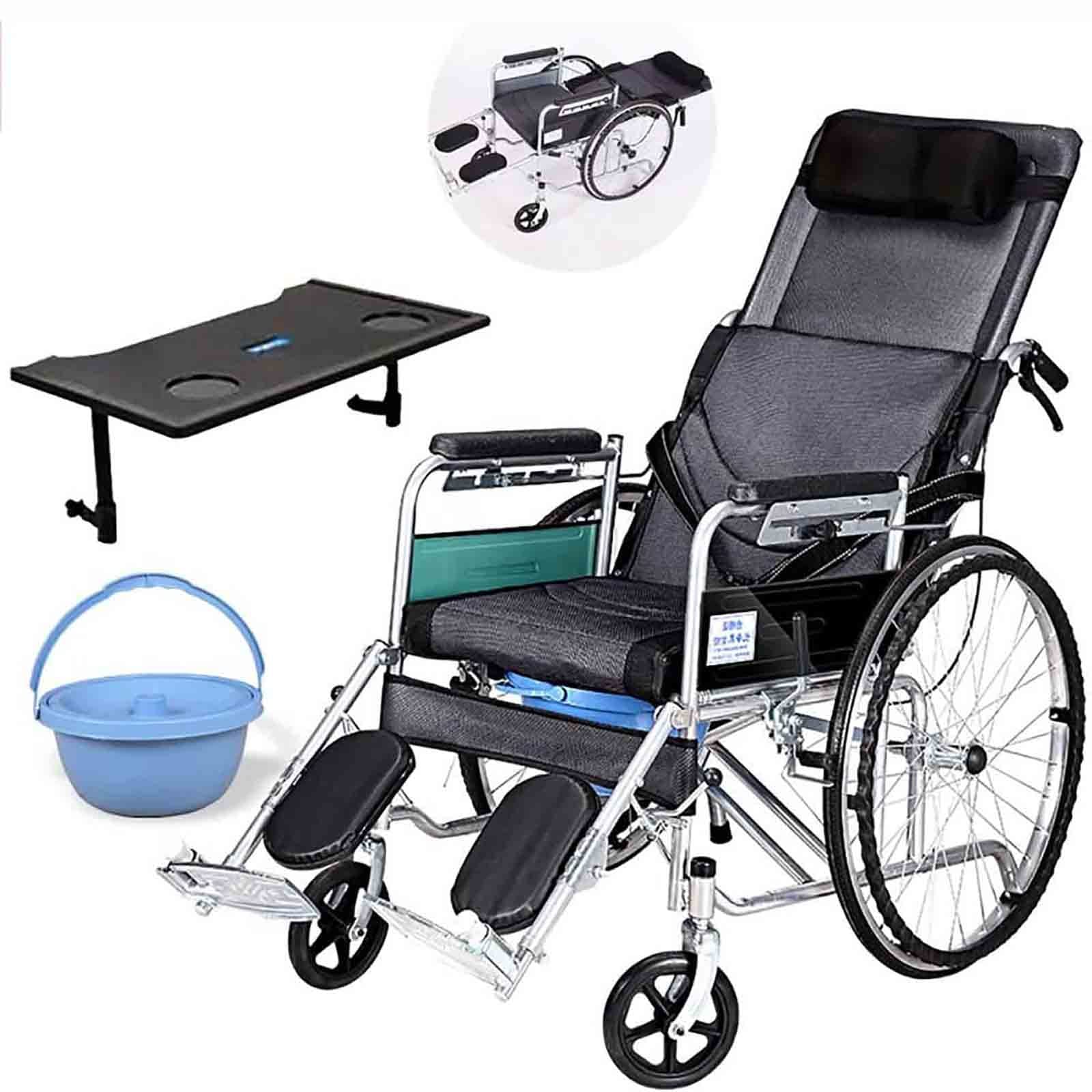 Sedia a rotelle pieghevole in alluminio leggero, sedia a rotelle reclinabile, multifunzione, completamente reclinabile, piatta, con comodo e tavolo da pranzo