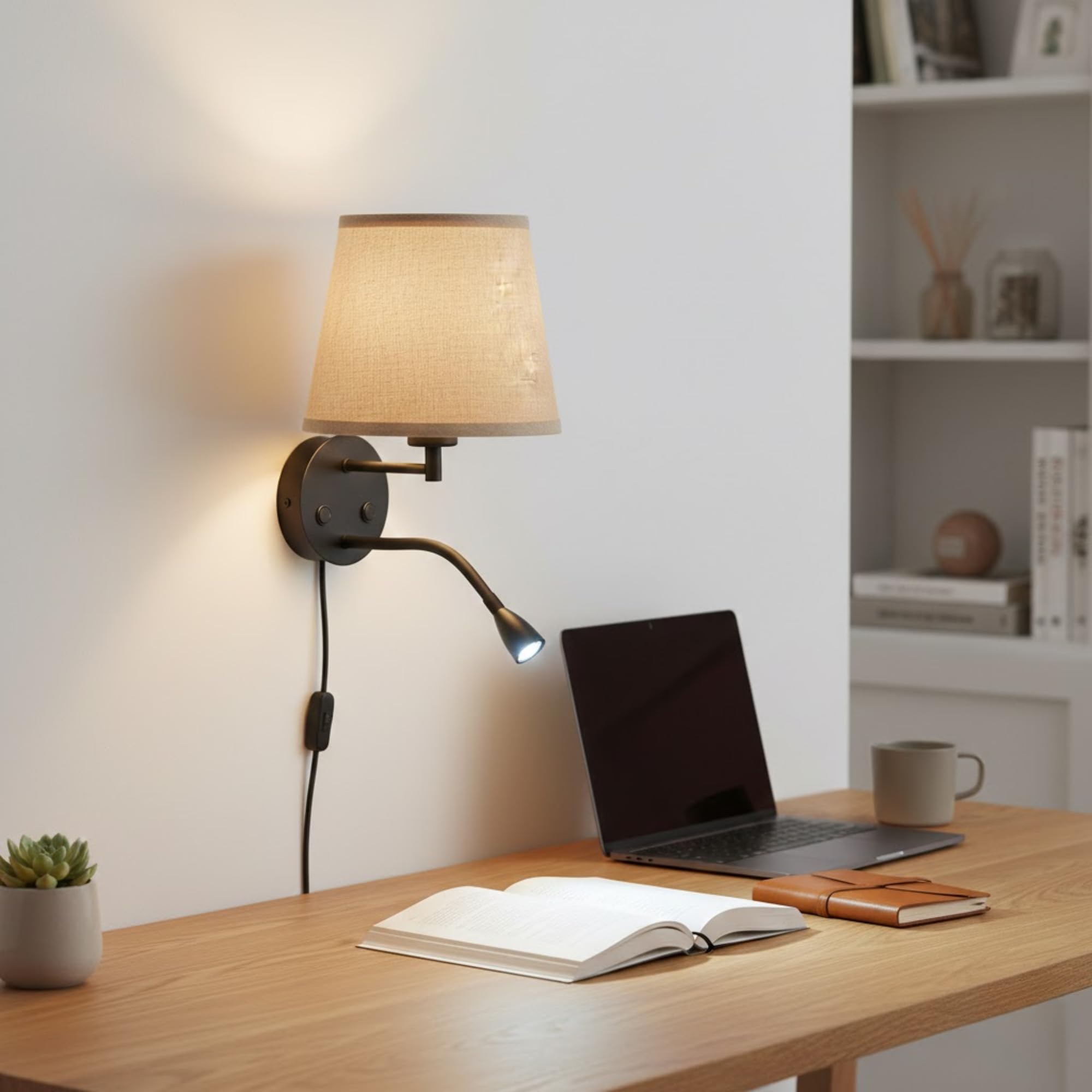 BarcelonaLED Applique murale LED E27 avec spot de lecture orientable 3 W Écran textile Interrupteur pour chambre, tête de lit, salon
