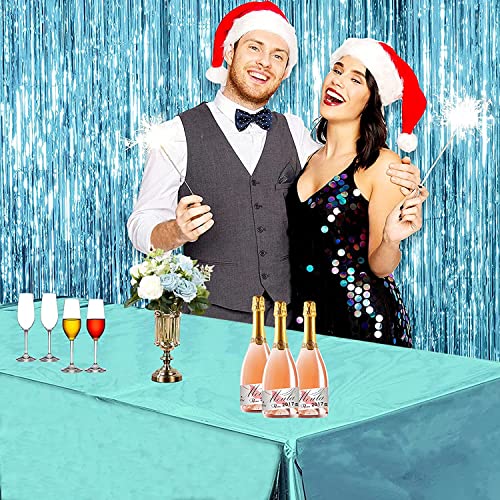 Image of Crackles Turquoise Rectangular Shiny Metallic Tinsel Foil Solid Color Reusable Table Cover 1.37mX1.83m for Indoor Outdoor Party Birthday,Wedding,Thanksgiving,Christmas,Buffet Parties,Camping