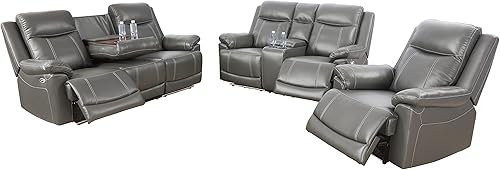 Miniatura 8 de Juego de 2 sofás reclinables de energía eléctrica, muebles de sala de estar, tapicería de cuero de aire, puertos de carga USB 2.0, tiras de luz LED,