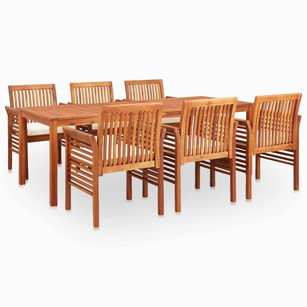 Juego de muebles de jardín (7 piezas, madera de acacia, 215 x 90 cm, con cojines de color crema, resistente a la intemperie, para terraza, balcón o jardín de invierno)