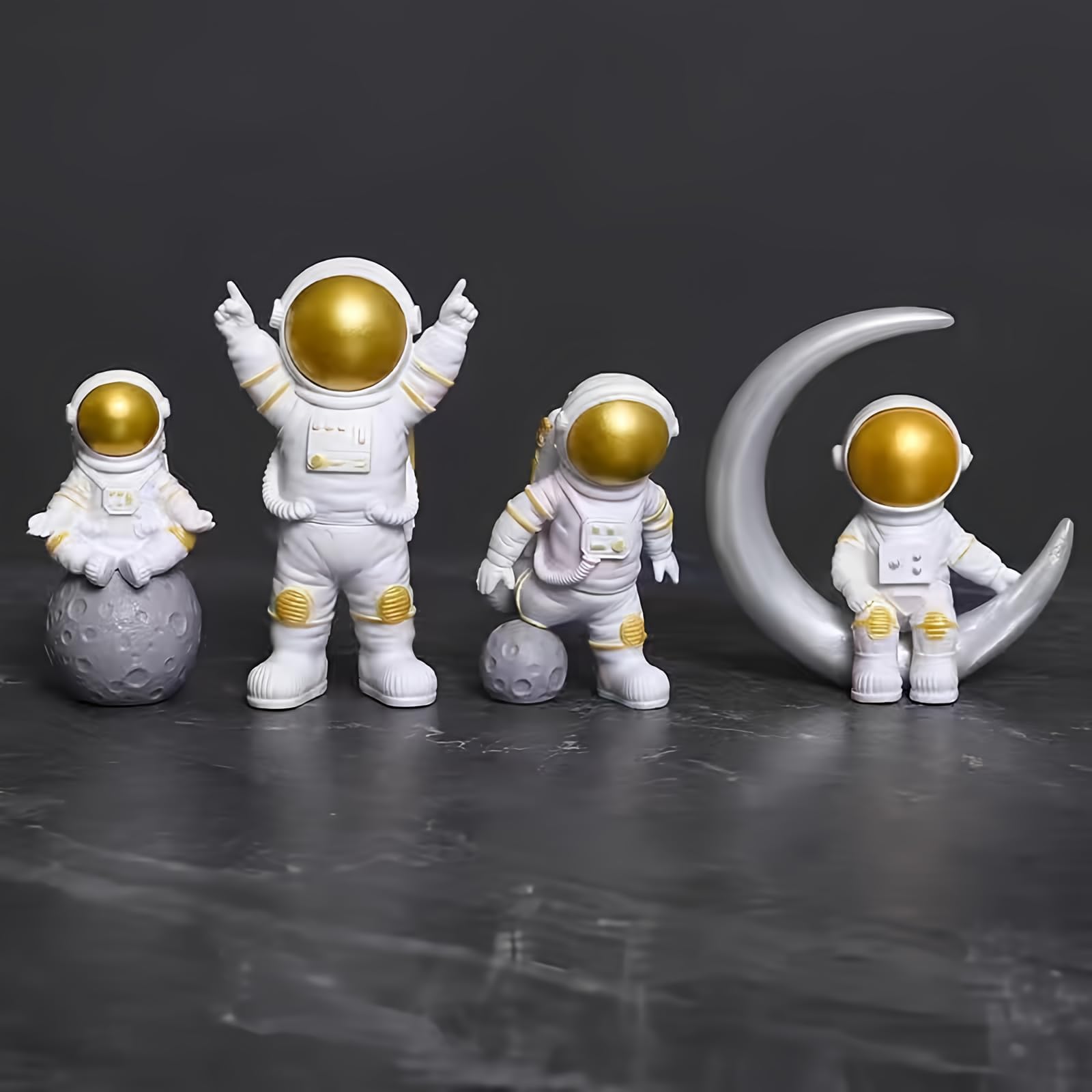 Gold White Astronaut Statues Set of 4,Outer Space Astronaut Figurines Cake Cupcake Topper Decorations Miniature Astronaut Toys Space Party Favors