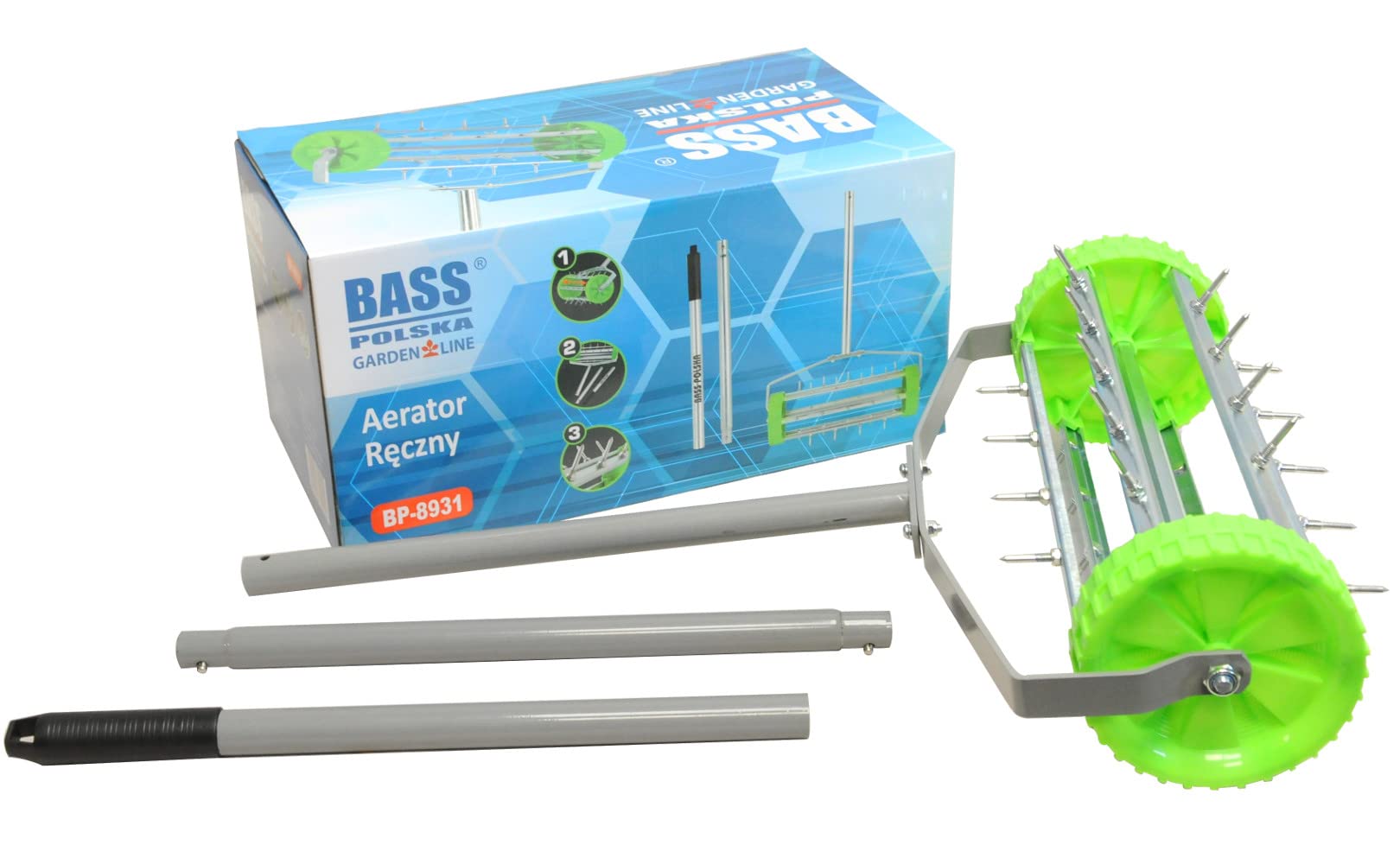 BASS POLSKA Aerifizierer, Manueller Rasenlüfter Handbelüfter Robust für dicken Grass Rasenbelüftung Wurzelsystem Dreiteilige Klappbare Griffange Ränder 27 Dornen Breite 120 mm