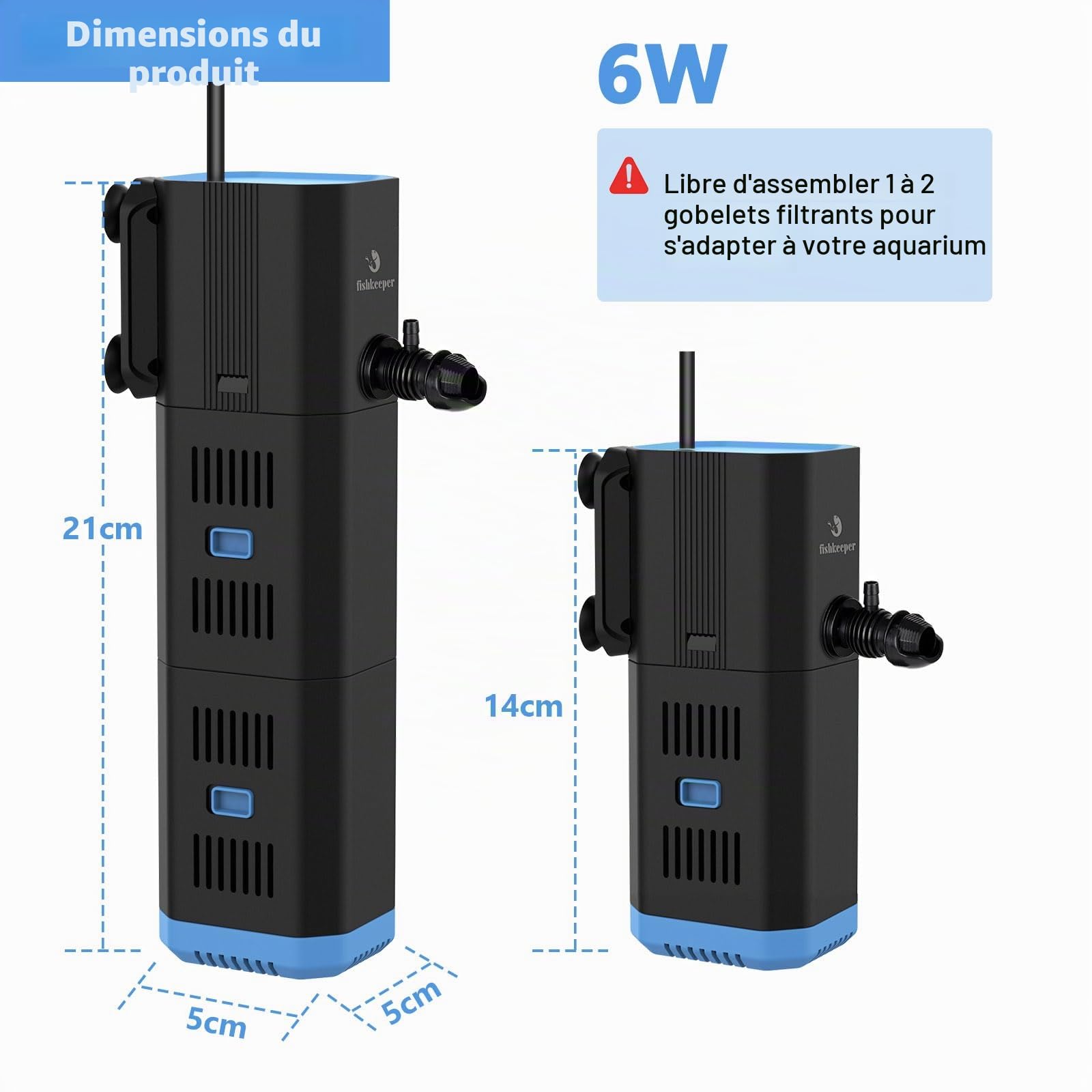 fishkeeper Filtre d'aquarium, Filtre intérieur réglable 500L/H pour Aquariums de 30 à 120 l, Pompe 4 en 1 avec Filtre, oxygène, Machine à Ondes, éponge filtrante (6 W (500 l/h, ≤ 120 L)