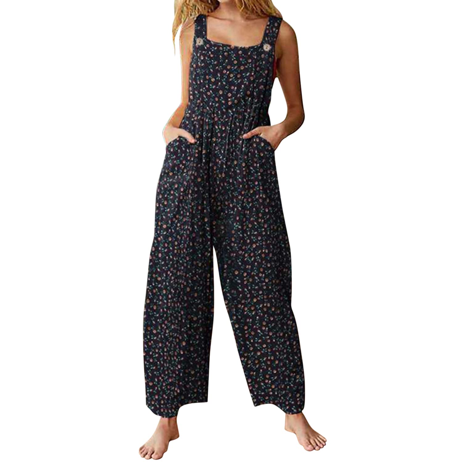 BRONG Womens Overalls Casual Loose Dungarees Soft Cotton Linen Womens Jumpsuit Baggy Playsuit Adjustable Straps with Pockets