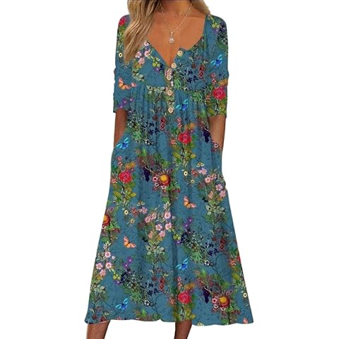 LOAIHA Women's Boho Floral Print Short Sleeve Dress Summer Casual Loose Crewneck Plus Size A-Line Maxi Dresses with Pockets Cover