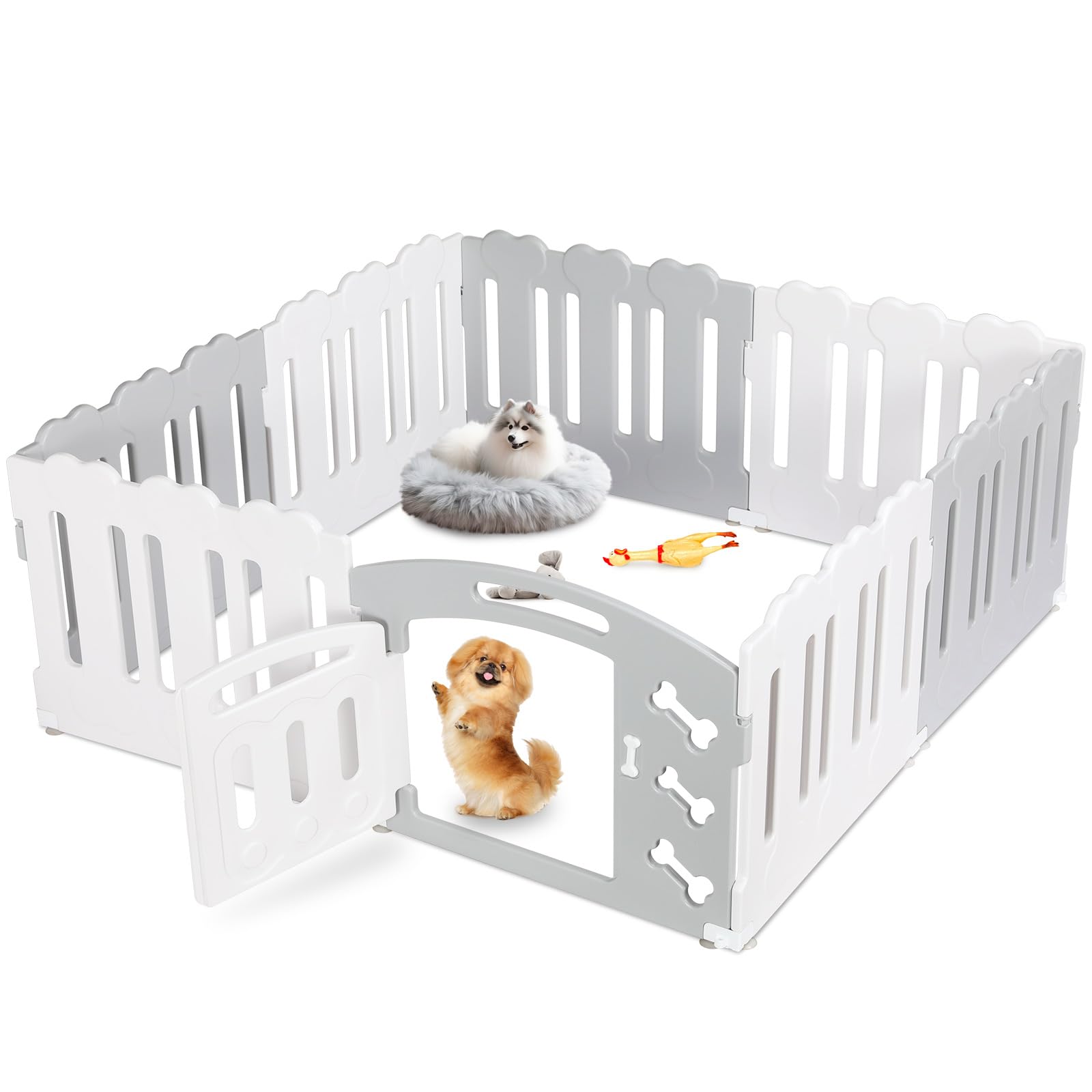 MAMIZO Recinto per Cani Interno Esterno alto 60cm, Box Cani 7+1 PCS Pannelli, Recinzione Gatti Pieghevole, Recinto Gatti in Plastica con Cancello, Incluse Ventose e Ancoraggi a Terra, Grigio-Bianco
