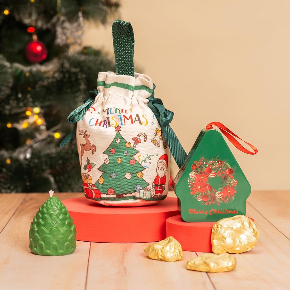 The Zappy Box Trick or Treat Christmas Gift Hamper | Festive Drawstring Bag with Candle & Sweet Delights| Festive Hamper of Mini Tree Tin Chocolate Box, Pinecone Candle & Drawstring Bag | Pack of 6-image-35