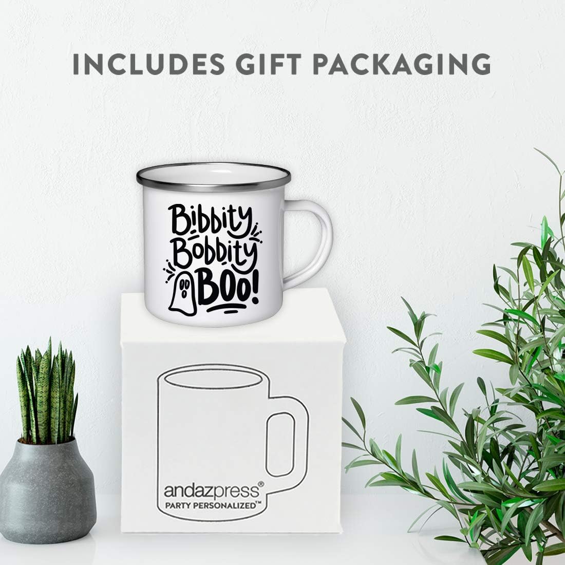 Andaz Press Halloween Season 11oz. Stainless Steel Campfire Coffee Mug Gift, Bibbity Bobbity Boo, Ghost Graphic, 1-Pack, Enamel Camp October Themed Birthday Gift Ideas for Hostess Friends