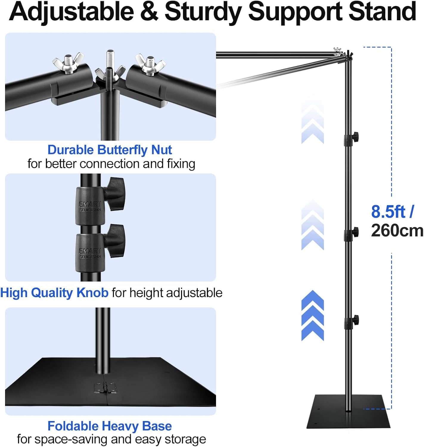 EMART Supporto per sfondo quadrato, 2,6x3 m Supporto per sfondo fotografico regolabile con base in acciaio, sistema di sfondo fotografico resistente per fotografia, feste, feste di compleanno