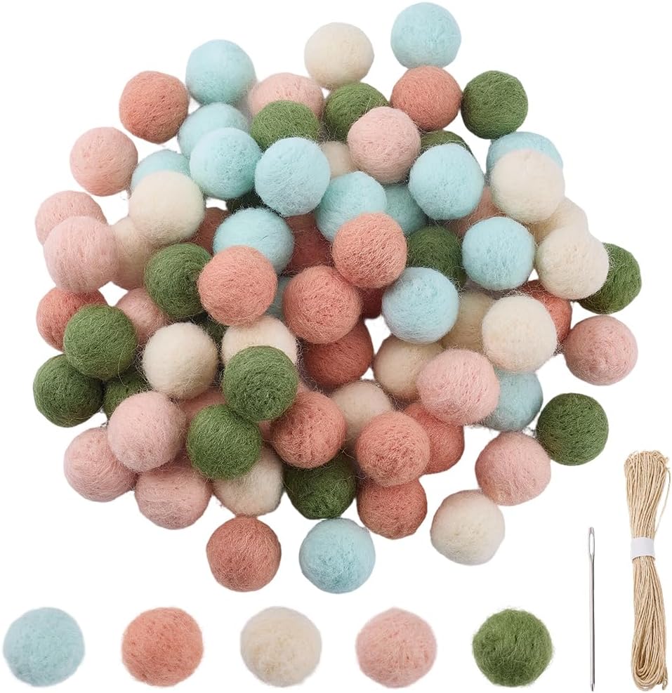 SUNNYCLUE 1 Box 80pcs Wool Felt Balls Green Felt Ball 20mm Christmas Small Soft Fluff Fuzzy Puff Crafting Pompoms Balls Bulk with Cord and Needdle for Adult Holiday Home Decorations Party Supplies