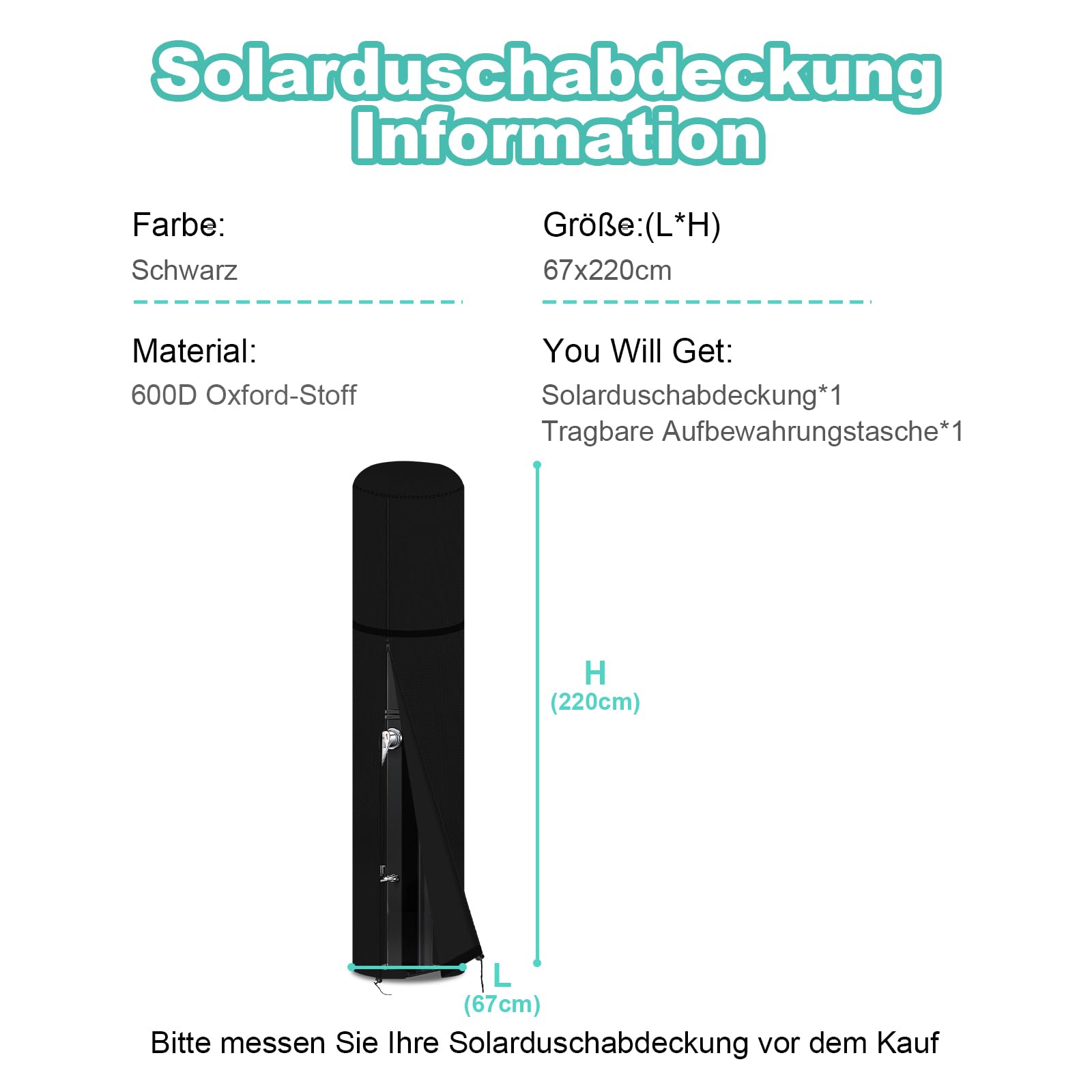 Couverture de Douche Solaire, Couverture de Douche Solaire 600D, Couverture de Douche Solaire résistante à la Pluie, à l'eau et au Soleil pour Jardin - Noir (67 * 220cm)