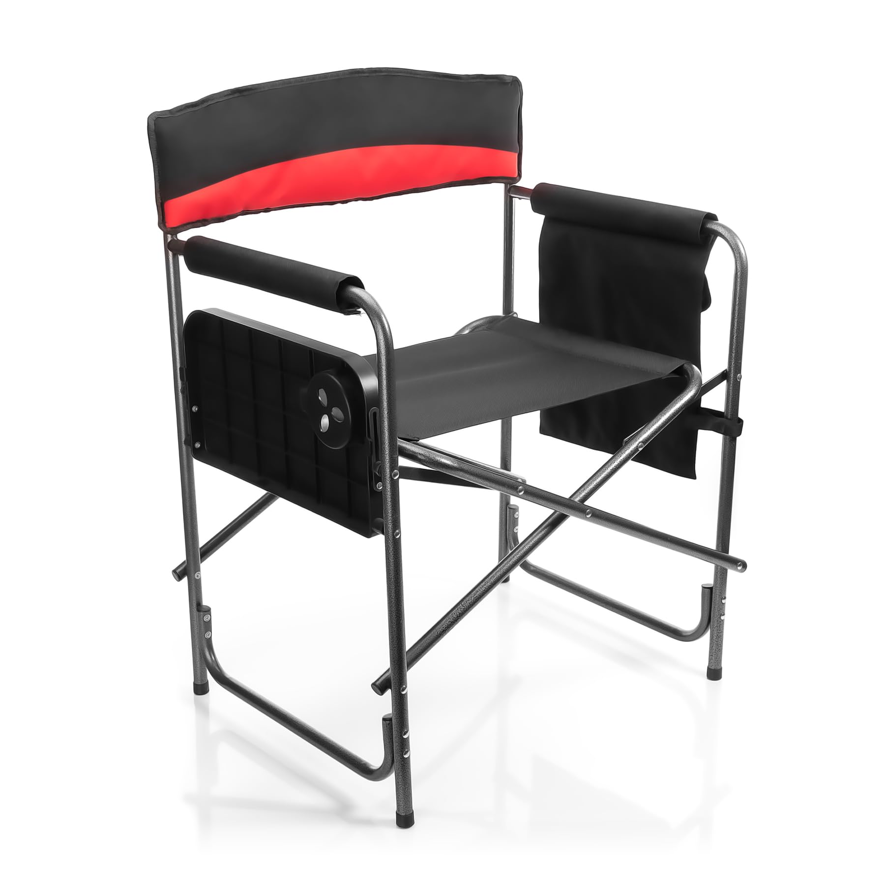 BigDean Campingstuhl 150kg mit Tisch – Klappstuhl mit Getränkehalter + Seitentasche – Hochwertiger Angelstuhl in Schwarz/Rot – Regiestuhl Klappbar für Camping und Outdoor – Metall und Kunststoff