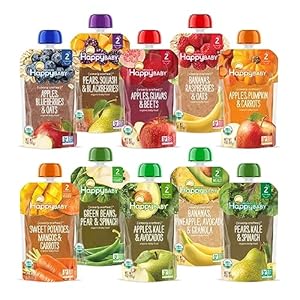 Happy Baby Organics Stage 2 Baby Food Pouches, Gluten Free, Vegan & Healthy Snack, Clearly Crafted Fruit & Veggie Puree, Fruit & Veggie Variety Pack, 4 Ounces (Pack of 10), Amazon Exclusive