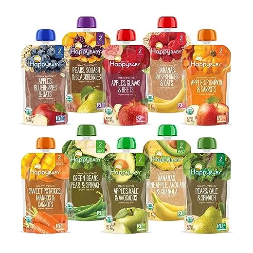 Happy Baby Organics Stage 2 Baby Food Pouches, Gluten Free, Vegan & Healthy Snack, Clearly Crafted Fruit & Veggie Puree, Fruit & Veggie Variety Pack, 4 Ounces (Pack of 10), Amazon Exclusive