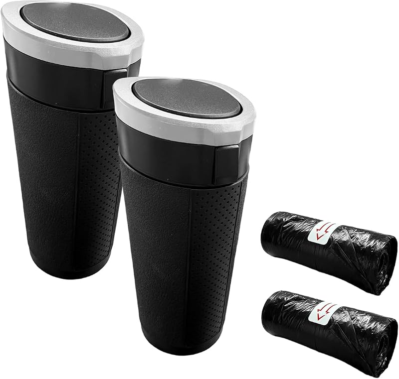 Car Trash Can with Lid, Leakproof Side Door Garbage Can, Mini Automotive Cup Holder Trash Bin with Bag, Universal Car Organizers & Storage Accessories for Cars, Home, Office (Silver-2PCS)