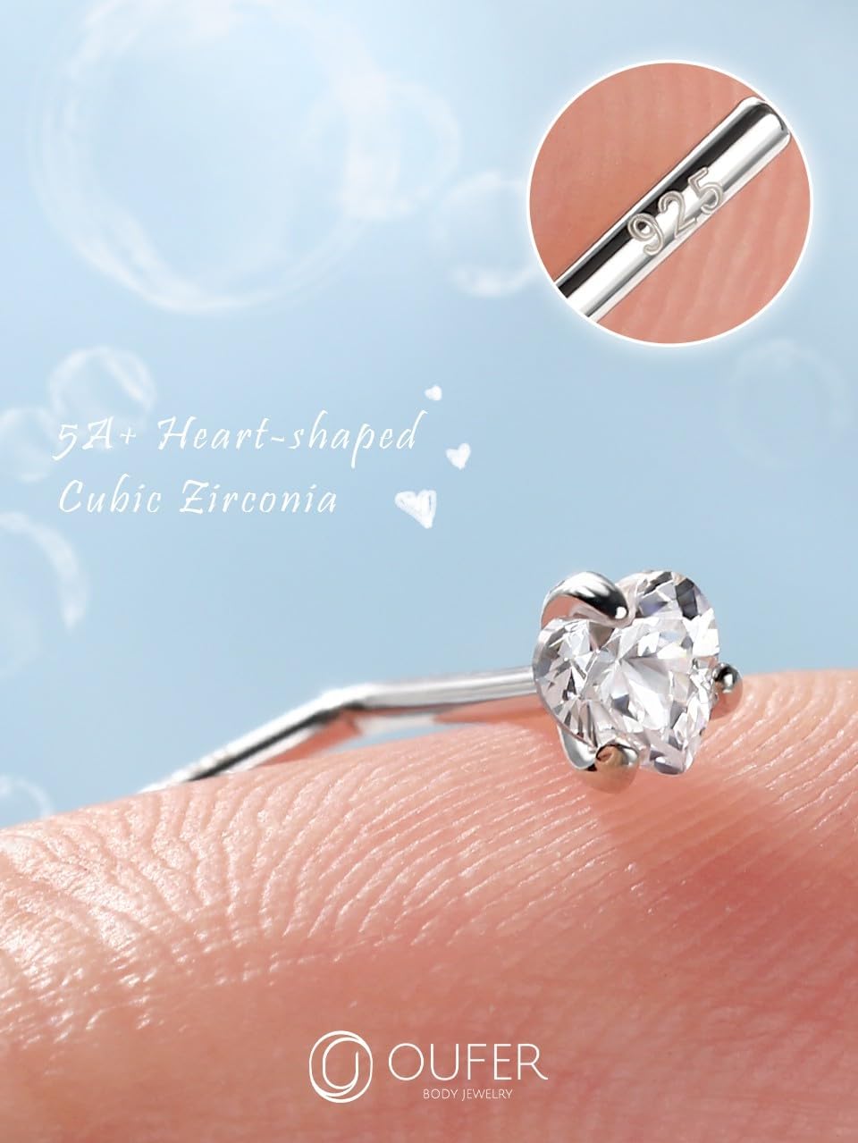 OUFER 925 Sterling Silver Nose Studs, L Shaped Nose Rings Studs, 20G Nostril Solid 3mm Heart CZ Nose Piercing Jewelry, Nose Studs For Women Men (L - 3mm Heart) - Image 3