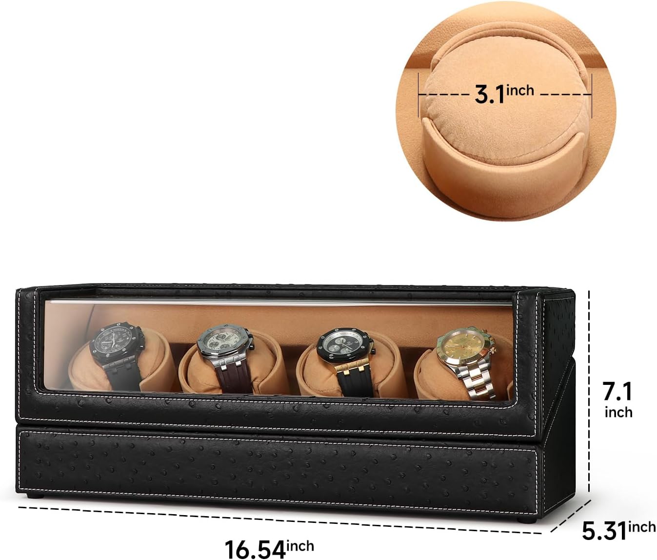 Watch Winder for 4 Automatic Watches, Lid-Stop, Leather