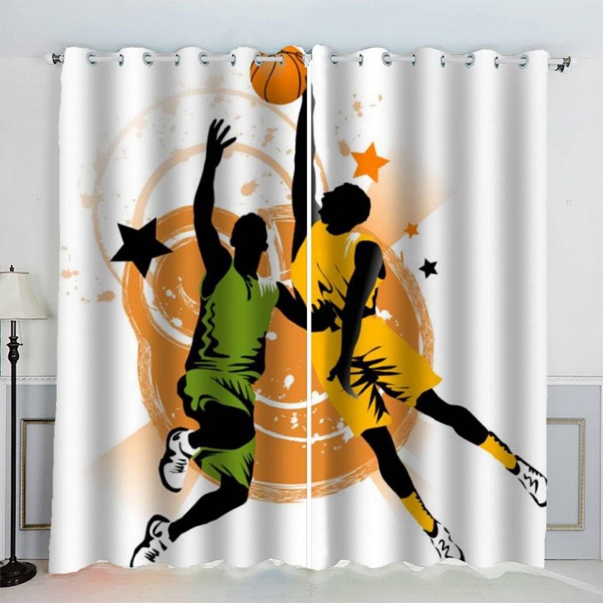 AKATIE Blackout Curtain Basketball Art Kid Insulated Drapes Basketball Player 3D Print Eyelet Window Curtains for Boys Girls Teens Children kids Bedroom Set of 2 Panels (W150xL166cm)
