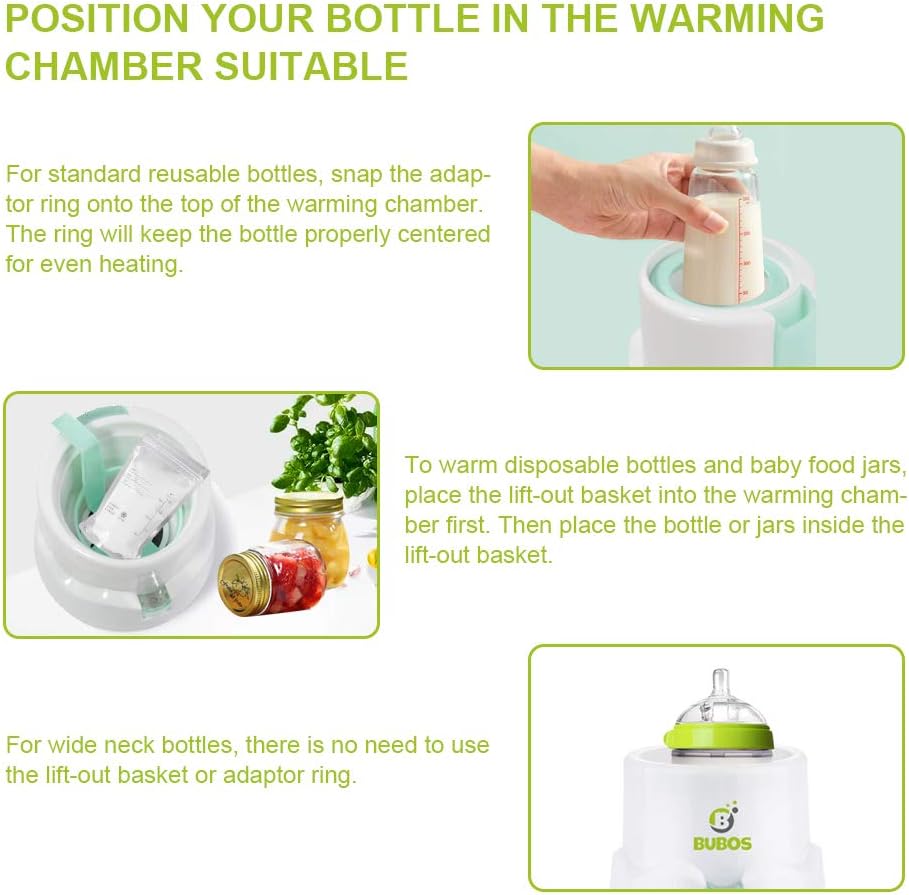 Diagram showing how to position different types of bottles in the Bubos Smart Baby Bottle Warmer, including standard, wide-neck, and disposable bottles with a basket.