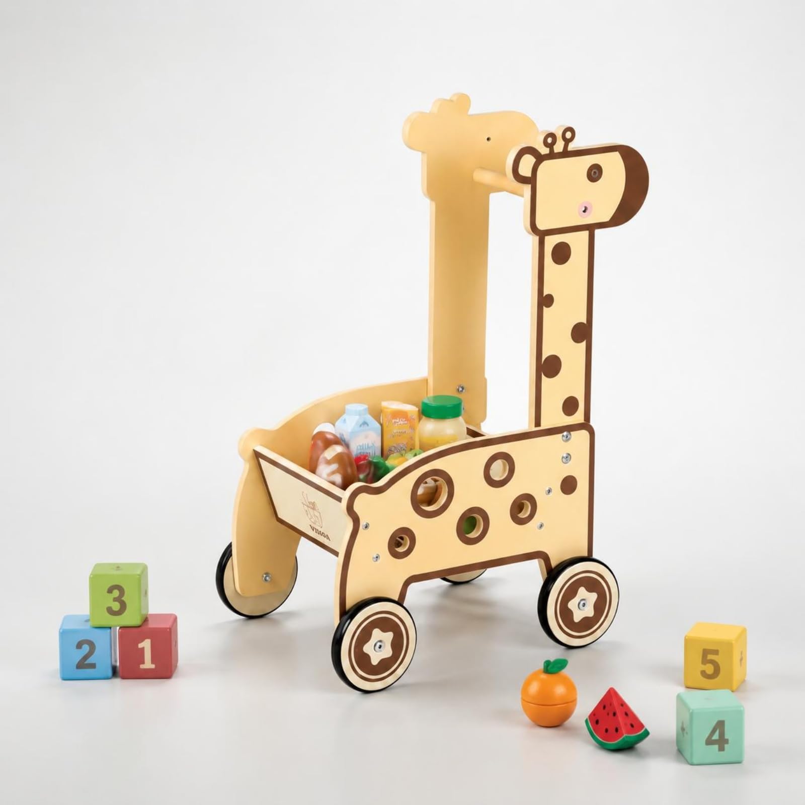 Harilla Kinder Einkaufswagen Spielzeug Holz Einkaufswagen Kinderwagen Rollwagen mit Holzrahmen Pushgriff Offener Ablage Und Seitenschlitzen für Rollenspiel Laden Alltag, Rosa Einkaufswagen