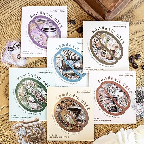 Alideco 180 stuks plakboekstickers Romantische koffiestickers voor journaling, scrapbooking, junk journal, knutselen, versiering (langmankafeiguan)