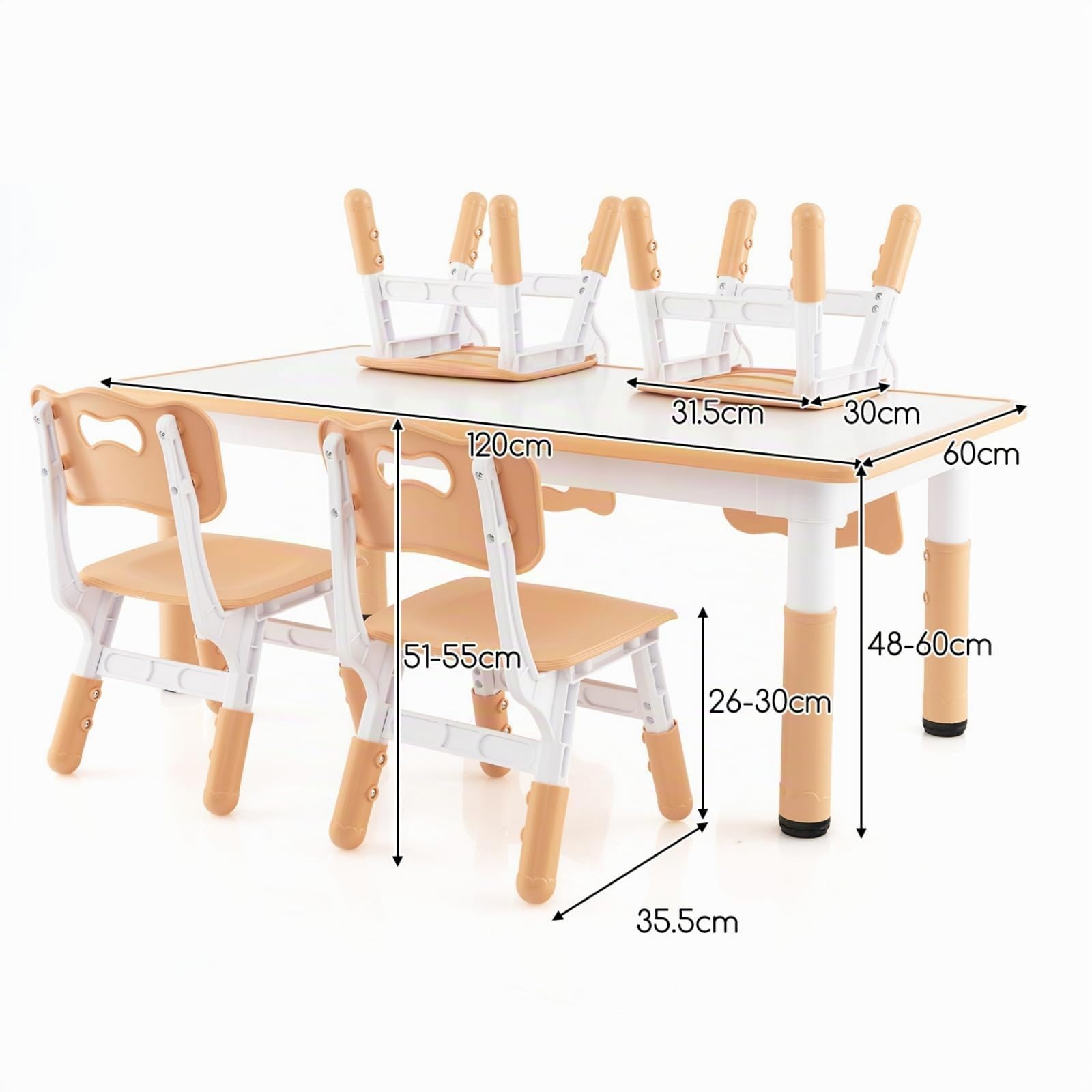 LIFEZEAL Mesa con 4 sillas para niños, Juego de Mesa y sillas Infantiles, Escritorio pintable, Altura Ajustable, Mesa para 18 Meses+, Conjunto de Asiento para guardería y jardín de Infancia (Natural)