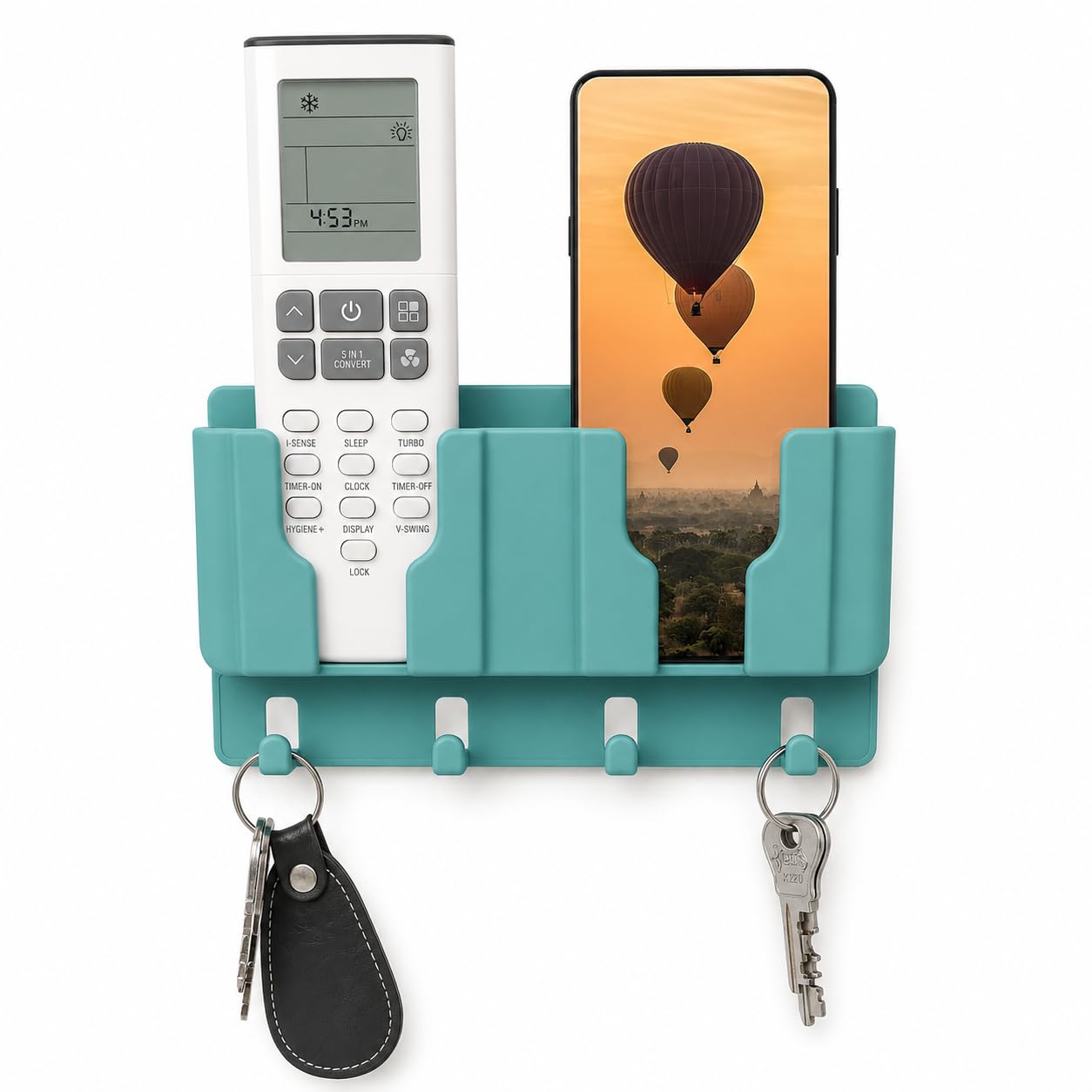 CERLINK Wall Mounted Mobile Holder for Phone & TV Remote | ABS Storage Organizer with 2 Compartments, 2 Key Hooks and Strong Self-Adhesive No-Drill Installation (Green)-image-23