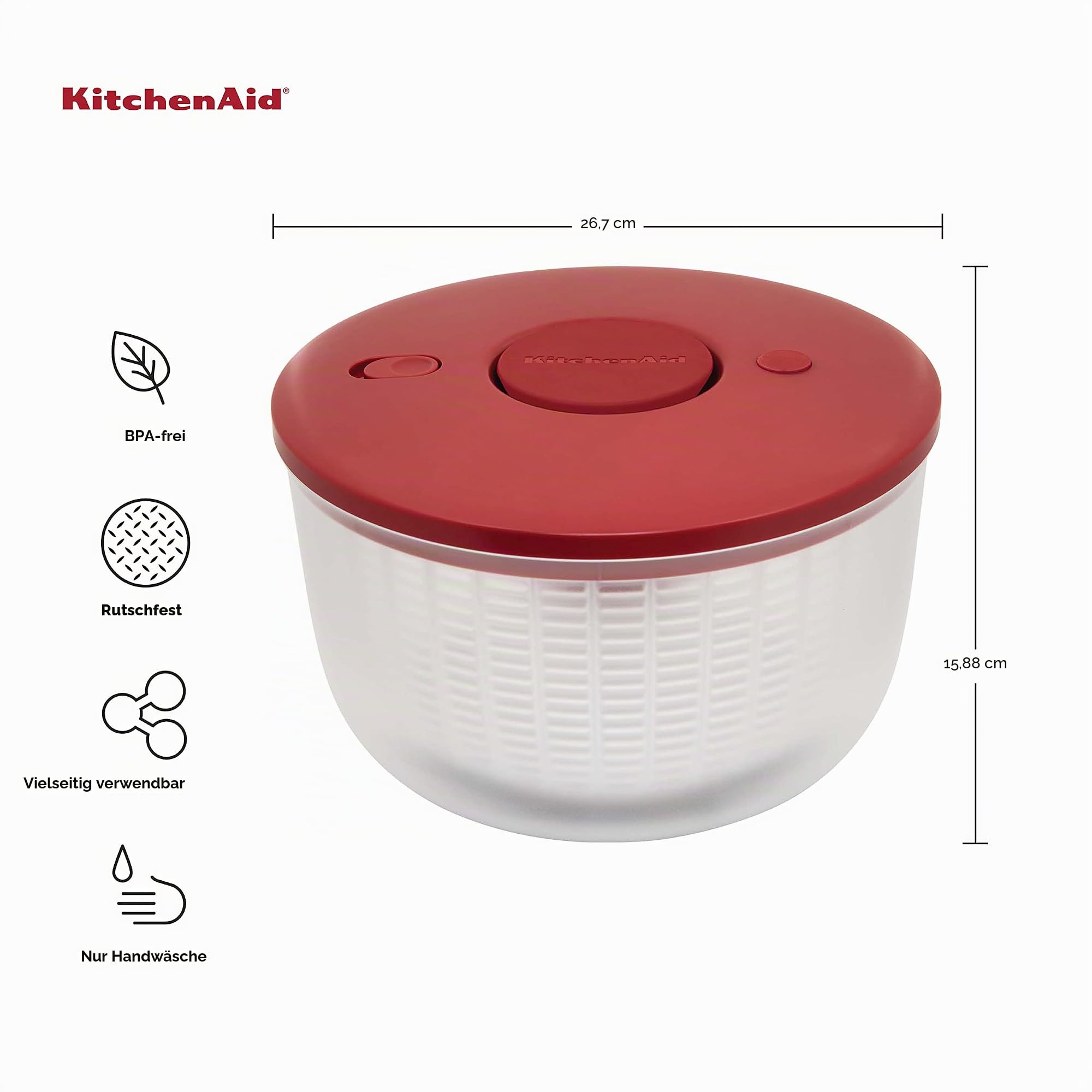KitchenAid Universal-Salatschleuder mit abnehmbarer Schüssel, Sieb und Einhand-Pumpmechanismus, große Schüssel mit Nester und rutschfestem Boden, 7,43 Quart, Empire Red | Pumpmechanismus, große Schüssel, Kunststoff