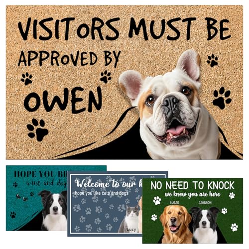 Personalized Dog Doormat with Photo, Custom Pet Welcome Mats for Front Door, 7 Designs & 4 Background Colors, Door Mat for Indoor Outdoor Entrance, Fun Decoration for Dog Lovers